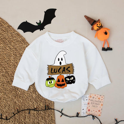 Personalized Lucas Ghost Sign Halloween Baby Romper Retro Fall Outfit Custom Name Baby Boy or Girl Clothes Spooky Costume Gift