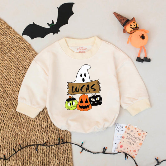 Personalized Lucas Ghost Sign Halloween Baby Romper Retro Fall Outfit Custom Name Baby Boy or Girl Clothes Spooky Costume Gift