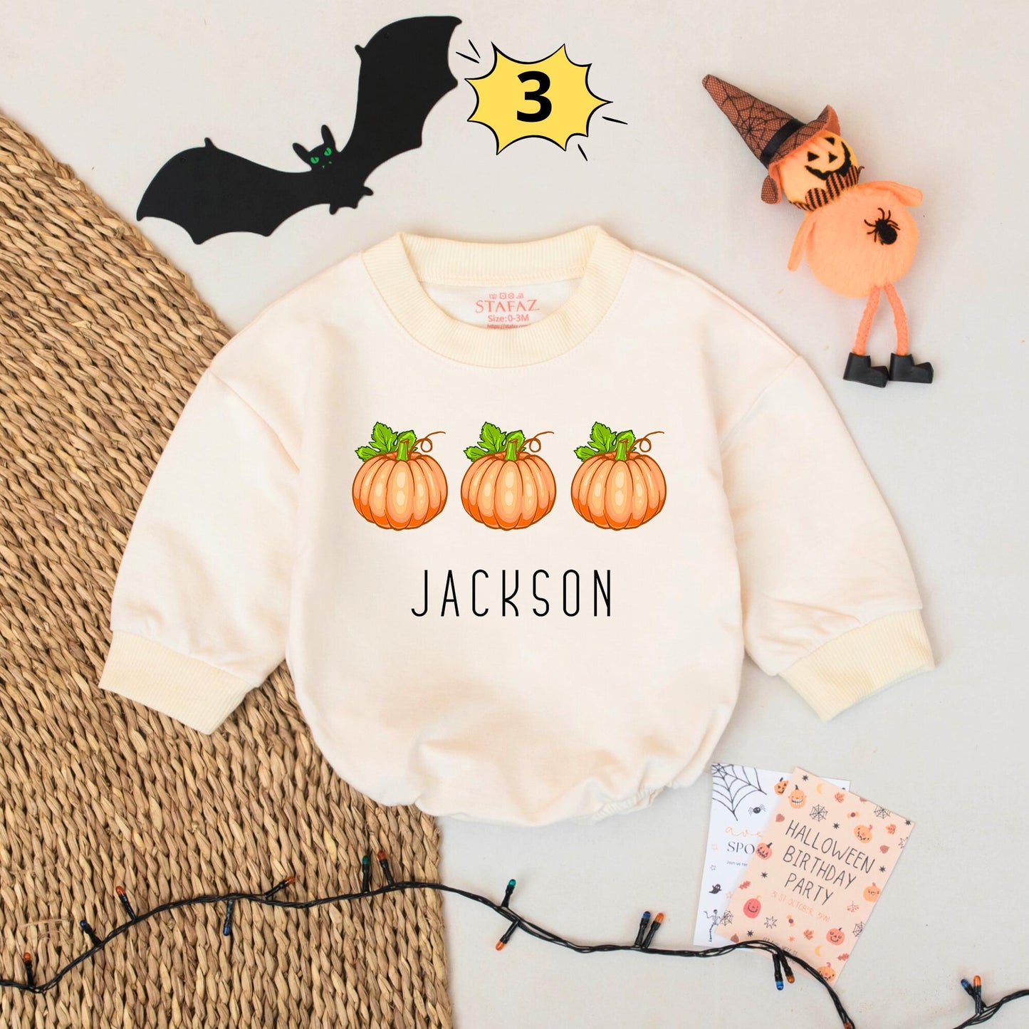 Personalized Thanksgiving Baby Romper Fun Retro Turkey Design with Teal Hair Orange Goggles & Thomas Name Brown Gold Beak Checkered Baby Gift