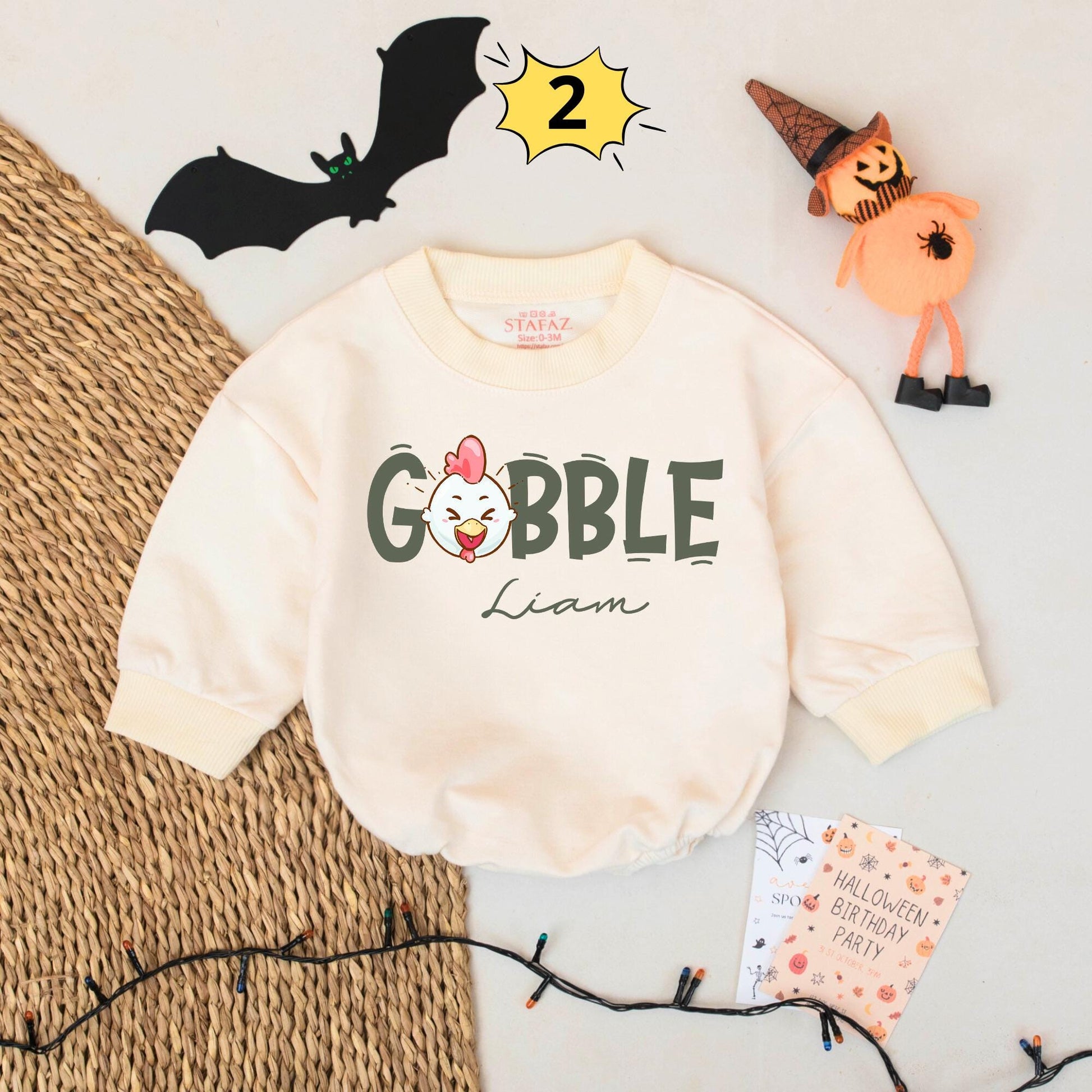 Personalized Thanksgiving Baby Romper Fun Retro Turkey Design with Teal Hair Orange Goggles & Thomas Name Brown Gold Beak Checkered Baby Gift