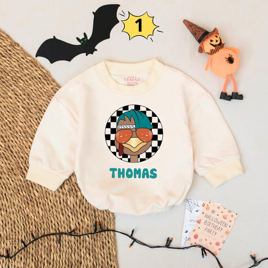 Personalized Thanksgiving Baby Romper Fun Retro Turkey Design with Teal Hair Orange Goggles & Thomas Name Brown Gold Beak Checkered Baby Gift