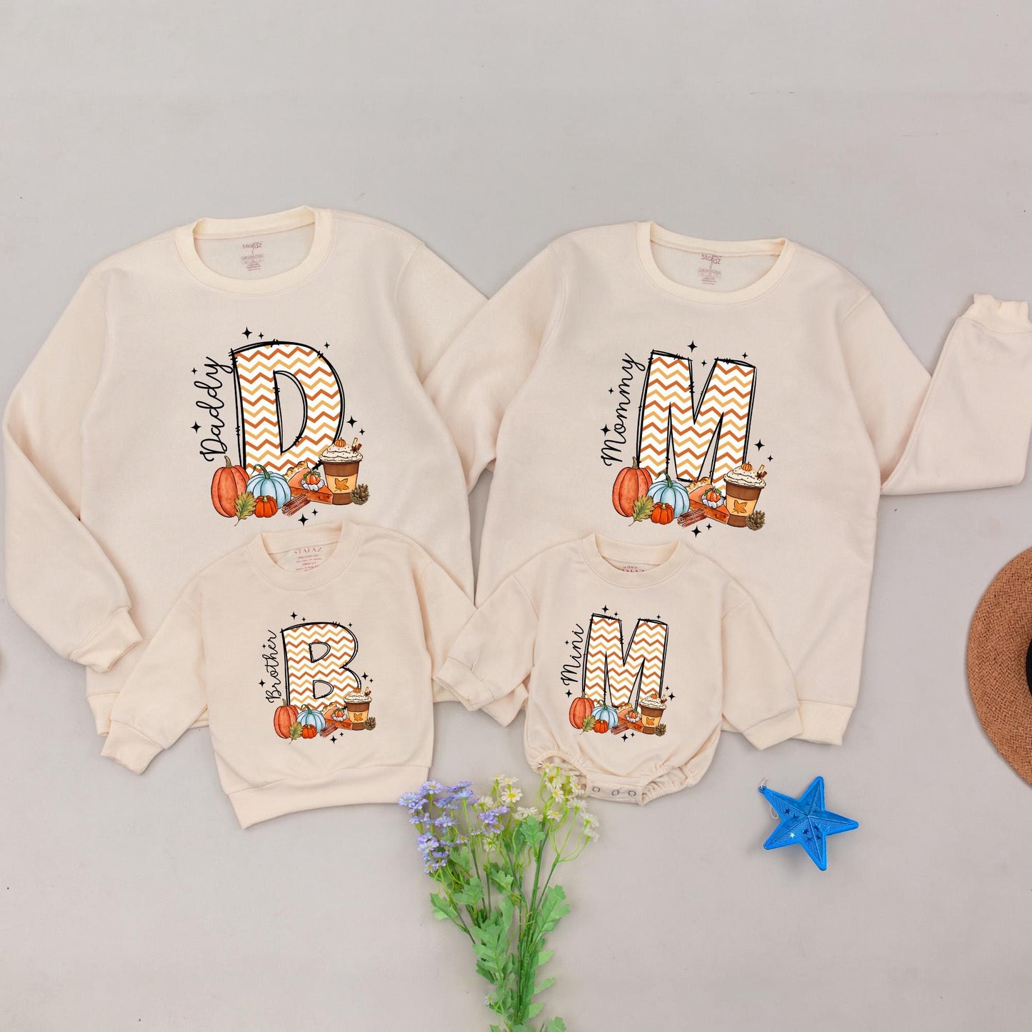 Matching Family Thanksgiving Sweatshirts: Custom Pumpkin Retro Shirts for Mom, Dad & Sister with Fall Graphics & Stars! Baby & Toddler Options
