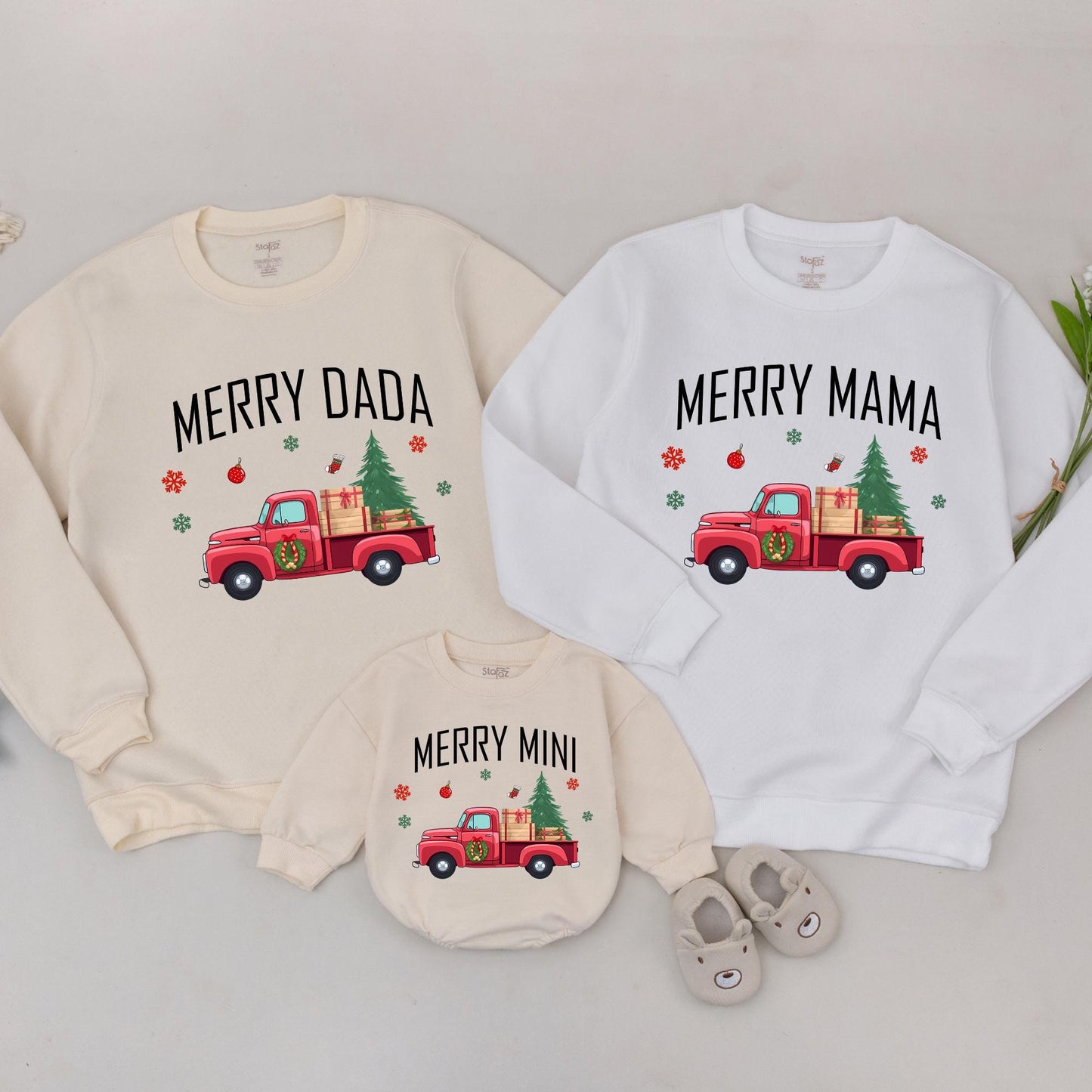 Personalized Merry Mama Mini Sweatshirts Christmas Outfit Family Matching Mama and Me Sweaters Retro Truck Design Gift for New Mom