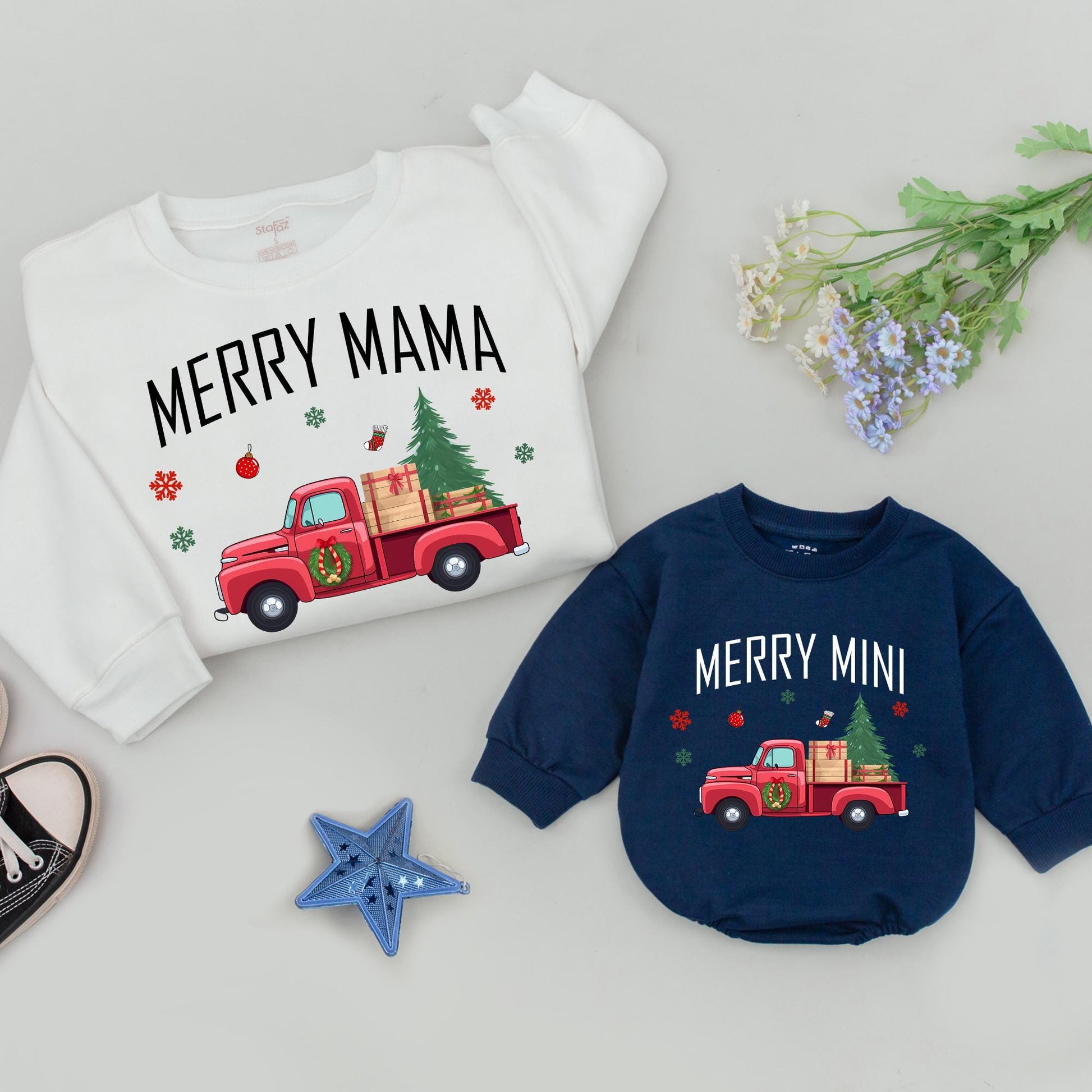 Personalized Merry Mama Mini Sweatshirts Christmas Outfit Family Matching Mama and Me Sweaters Retro Truck Design Gift for New Mom