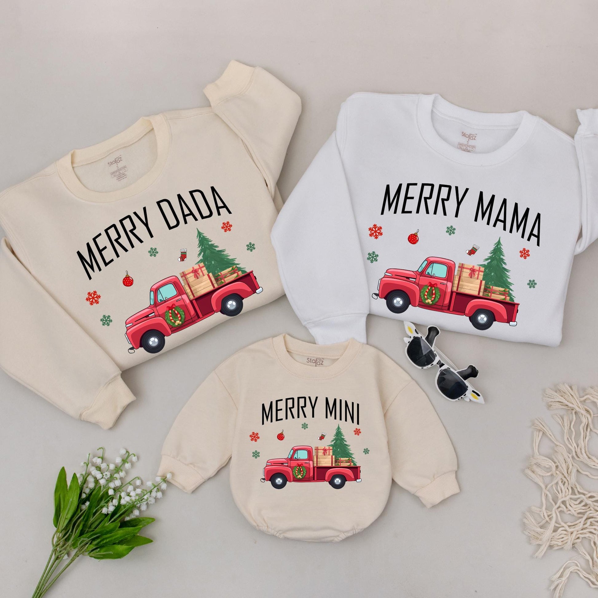 Personalized Merry Mama Mini Sweatshirts Christmas Outfit Family Matching Mama and Me Sweaters Retro Truck Design Gift for New Mom
