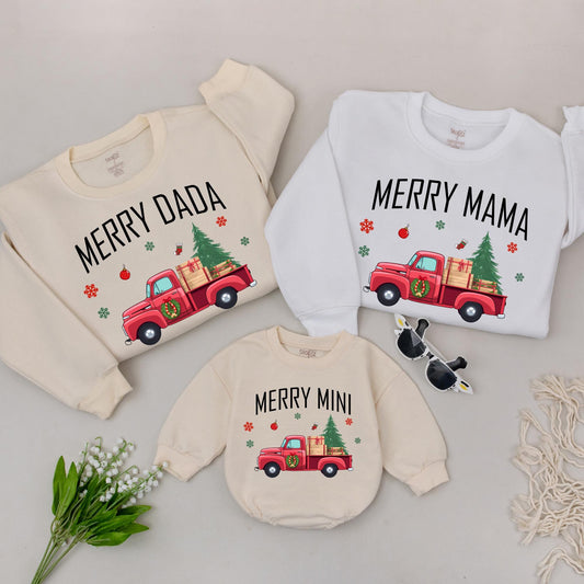 Personalized Merry Mama Mini Sweatshirts Christmas Outfit Family Matching Mama and Me Sweaters Retro Truck Design Gift for New Mom