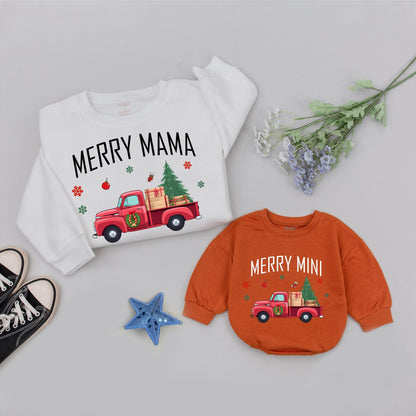 Personalized Merry Mama Mini Sweatshirts Christmas Outfit Family Matching Mama and Me Sweaters Retro Truck Design Gift for New Mom