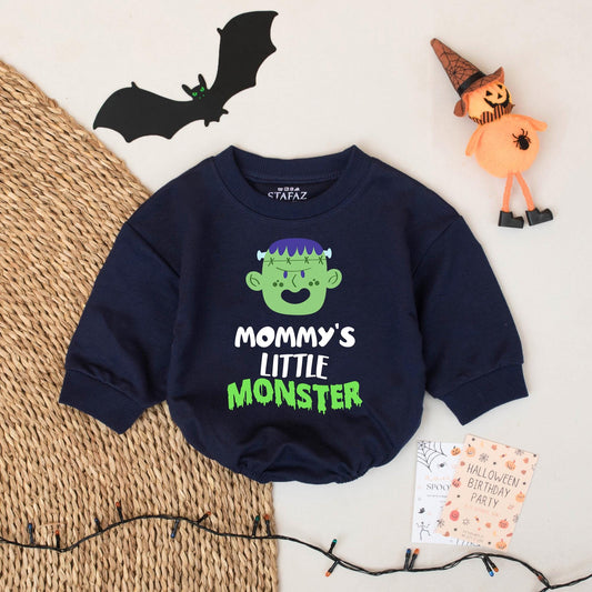 Mommy's Little Monster Halloween Baby Romper - Personalized Infant Frankenstein Outfit, Retro Spooky Costume, Custom Name Fall Clothes, Baby Shower Gift