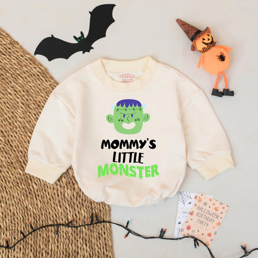 Mommy's Little Monster Halloween Baby Romper - Personalized Infant Frankenstein Outfit, Retro Spooky Costume, Custom Name Fall Clothes, Baby Shower Gift