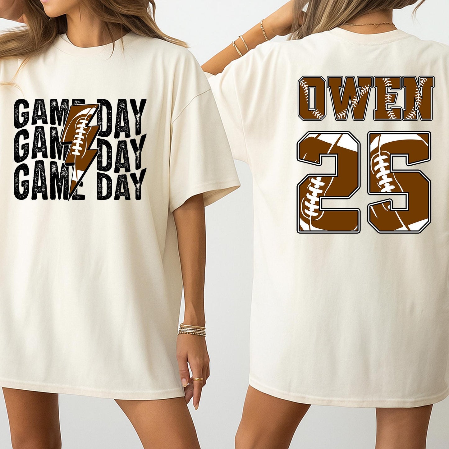 Custom Football Game Day Shirt - Personalized Name & Number for Kids, Mom, and Family! Brown/White Football Theme