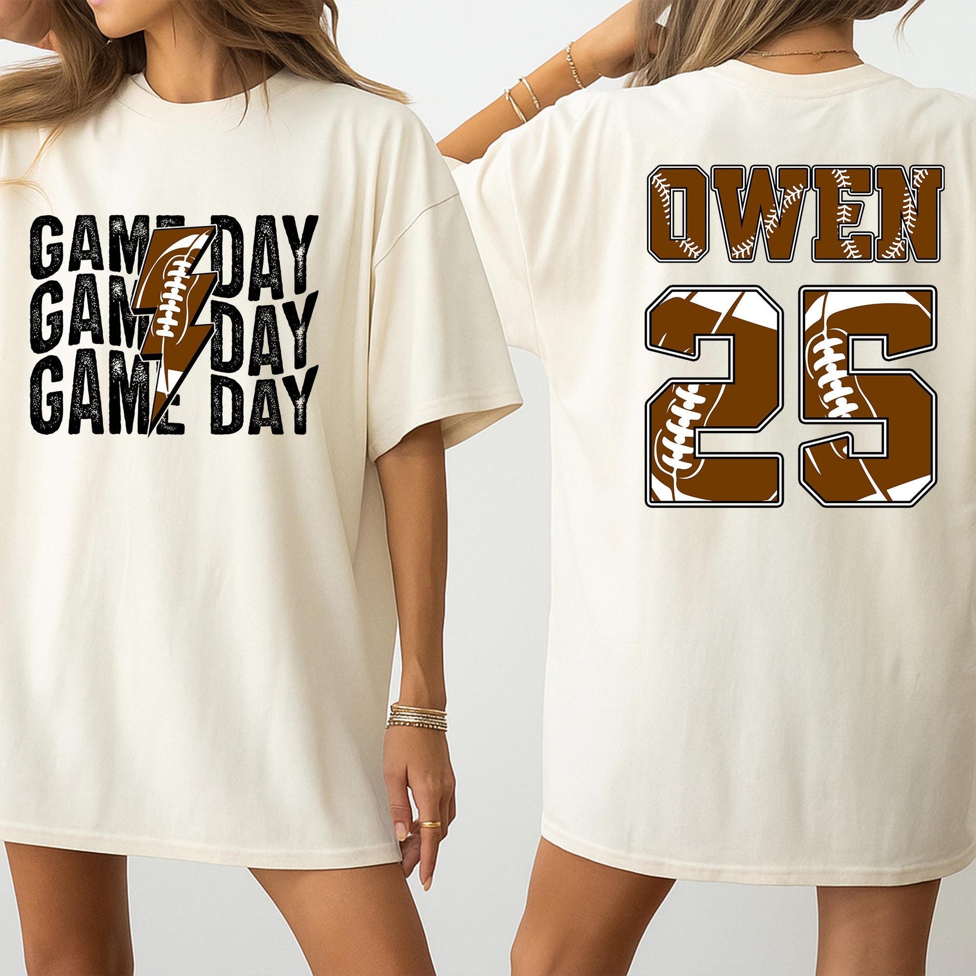 Custom Football Game Day Shirt - Personalized Name & Number for Kids, Mom, and Family! Brown/White Football Theme