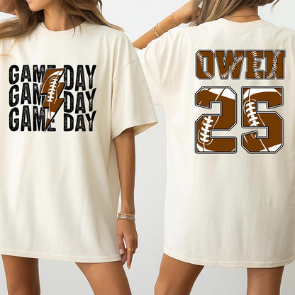 Custom Football Game Day Shirt - Personalized Name & Number for Kids, Mom, and Family! Brown/White Football Theme