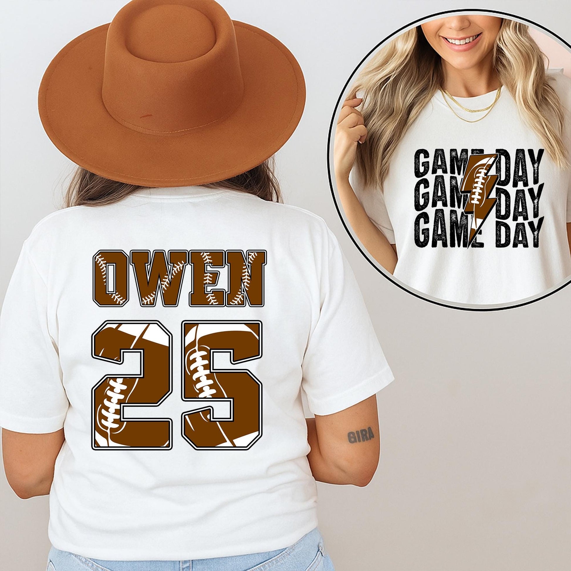 Custom Football Game Day Shirt - Personalized Name & Number for Kids, Mom, and Family! Brown/White Football Theme