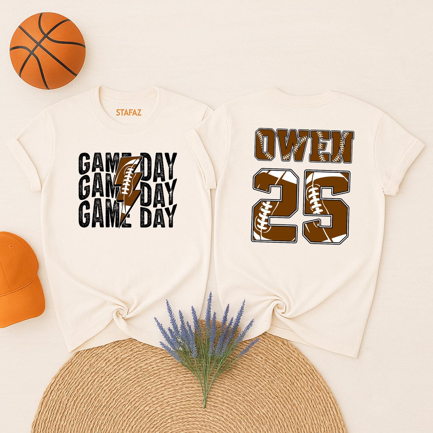 Custom Football Game Day Shirt - Personalized Name & Number for Kids, Mom, and Family! Brown/White Football Theme