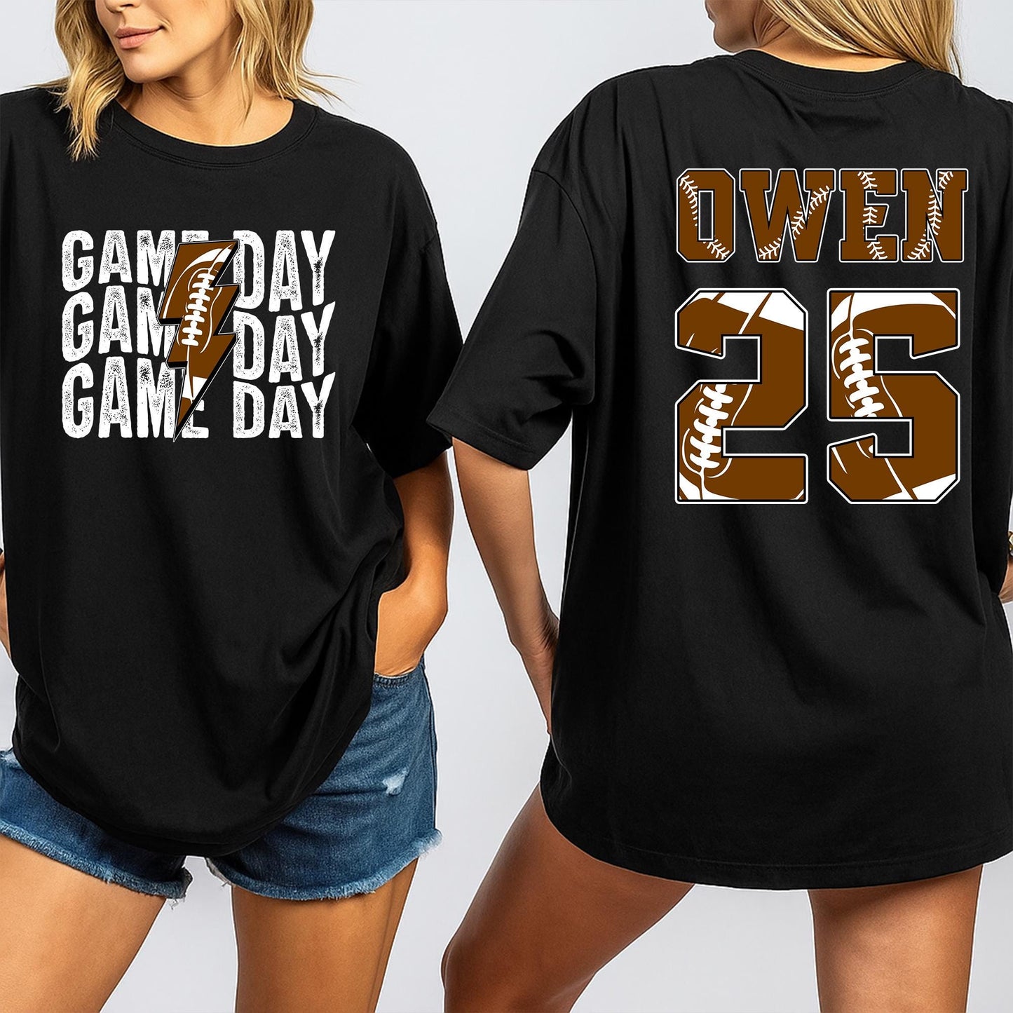 Custom Football Game Day Shirt - Personalized Name & Number for Kids, Mom, and Family! Brown/White Football Theme