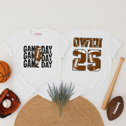 Custom Football Game Day Shirt - Personalized Name & Number for Kids, Mom, and Family! Brown/White Football Theme