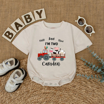 Personalized Oink Baa Moo I'm Two Red Tractor Farm Animal Birthday Shirt Toddler Boy Outfit Cute Cow Pig Sheep Rooster Tee Gift Idea Two Year Old