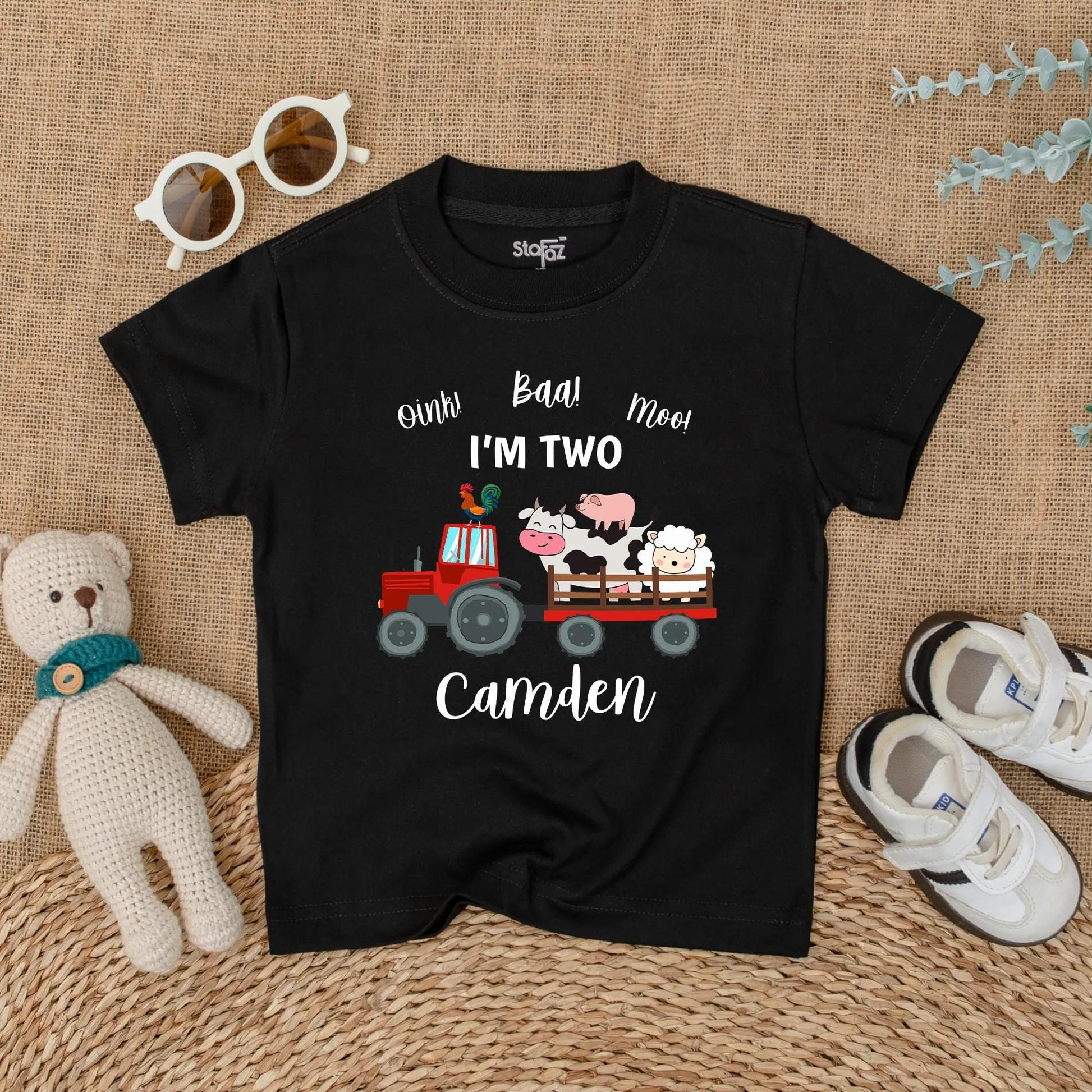 Personalized Oink Baa Moo I'm Two Red Tractor Farm Animal Birthday Shirt Toddler Boy Outfit Cute Cow Pig Sheep Rooster Tee Gift Idea Two Year Old