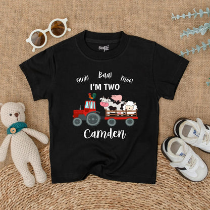 Personalized Oink Baa Moo I'm Two Red Tractor Farm Animal Birthday Shirt Toddler Boy Outfit Cute Cow Pig Sheep Rooster Tee Gift Idea Two Year Old