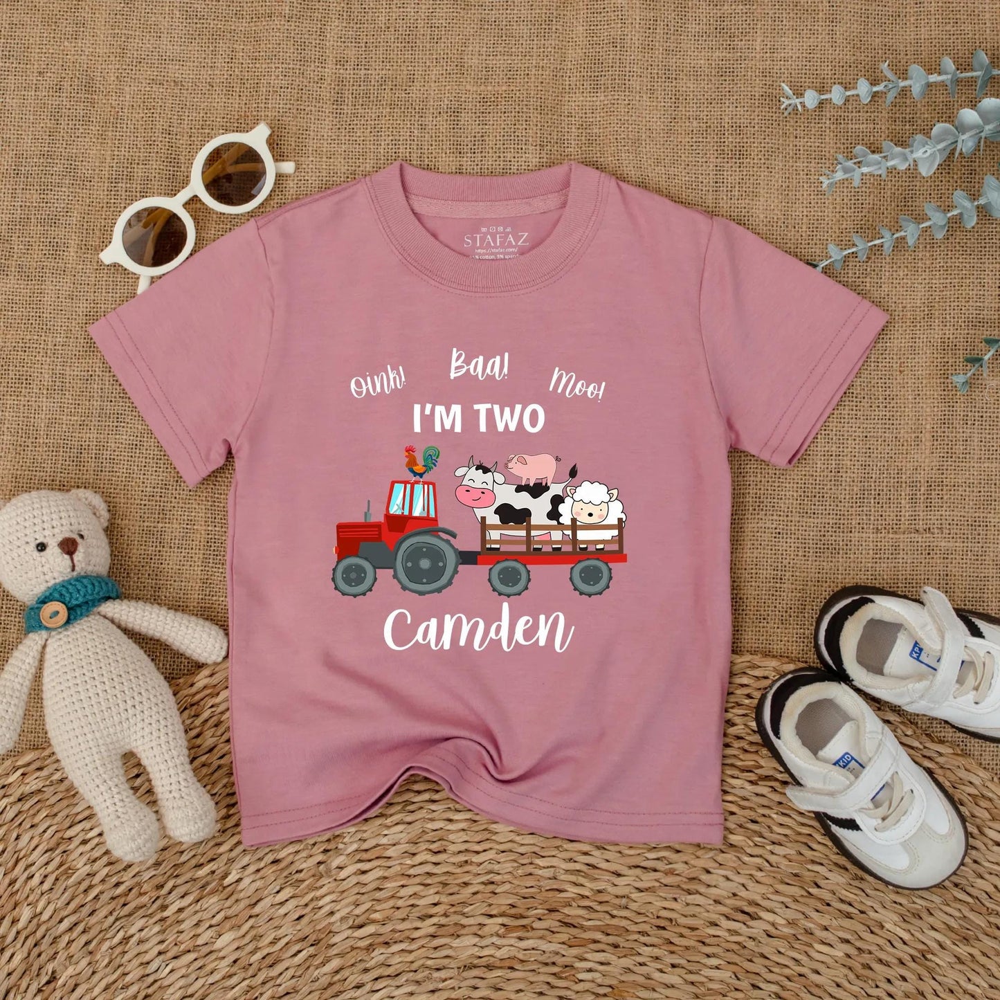 Personalized Oink Baa Moo I'm Two Red Tractor Farm Animal Birthday Shirt Toddler Boy Outfit Cute Cow Pig Sheep Rooster Tee Gift Idea Two Year Old