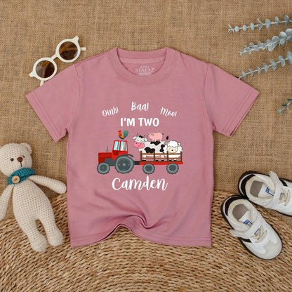 Personalized Oink Baa Moo I'm Two Red Tractor Farm Animal Birthday Shirt Toddler Boy Outfit Cute Cow Pig Sheep Rooster Tee Gift Idea Two Year Old
