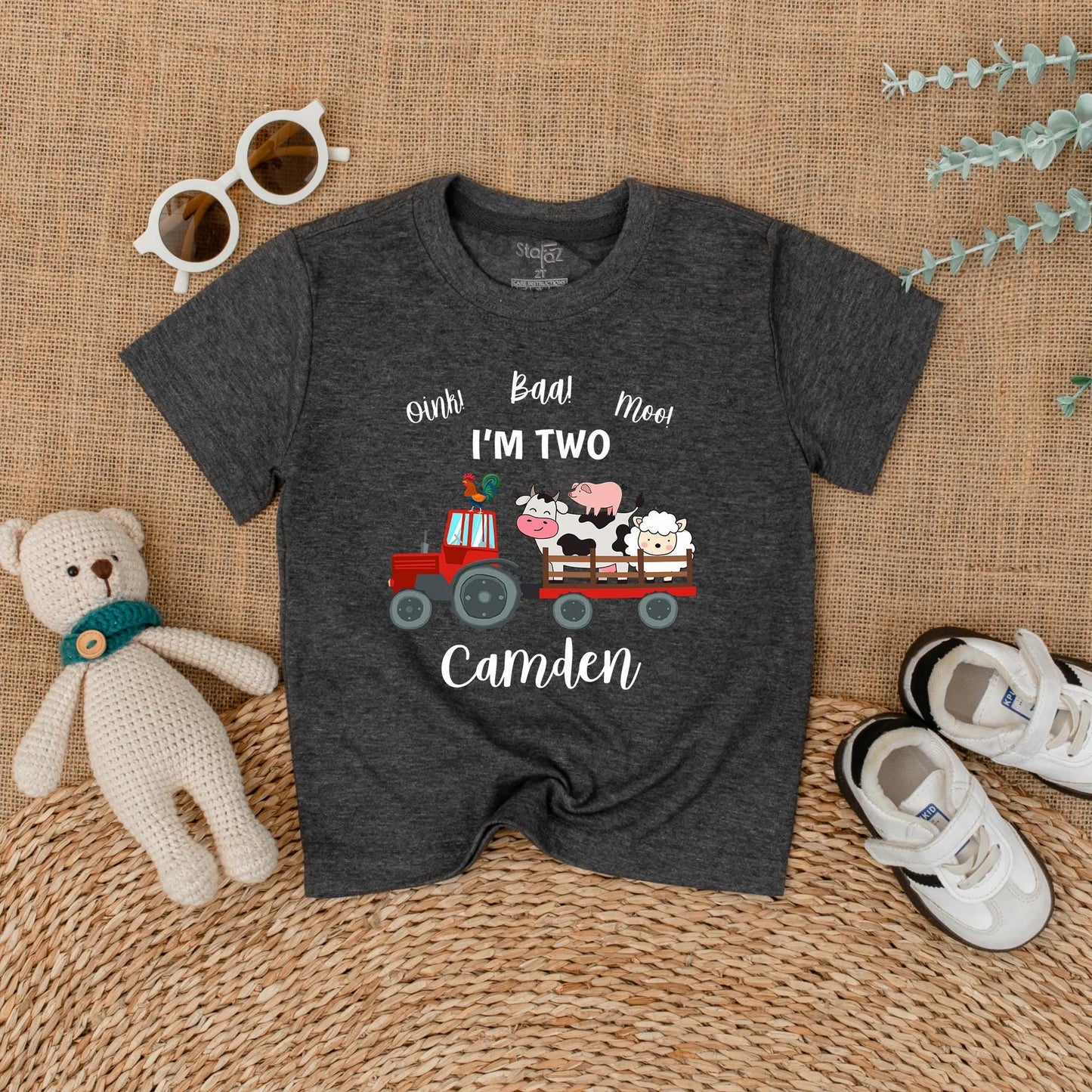 Personalized Oink Baa Moo I'm Two Red Tractor Farm Animal Birthday Shirt Toddler Boy Outfit Cute Cow Pig Sheep Rooster Tee Gift Idea Two Year Old