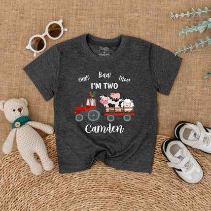Personalized Oink Baa Moo I'm Two Red Tractor Farm Animal Birthday Shirt Toddler Boy Outfit Cute Cow Pig Sheep Rooster Tee Gift Idea Two Year Old