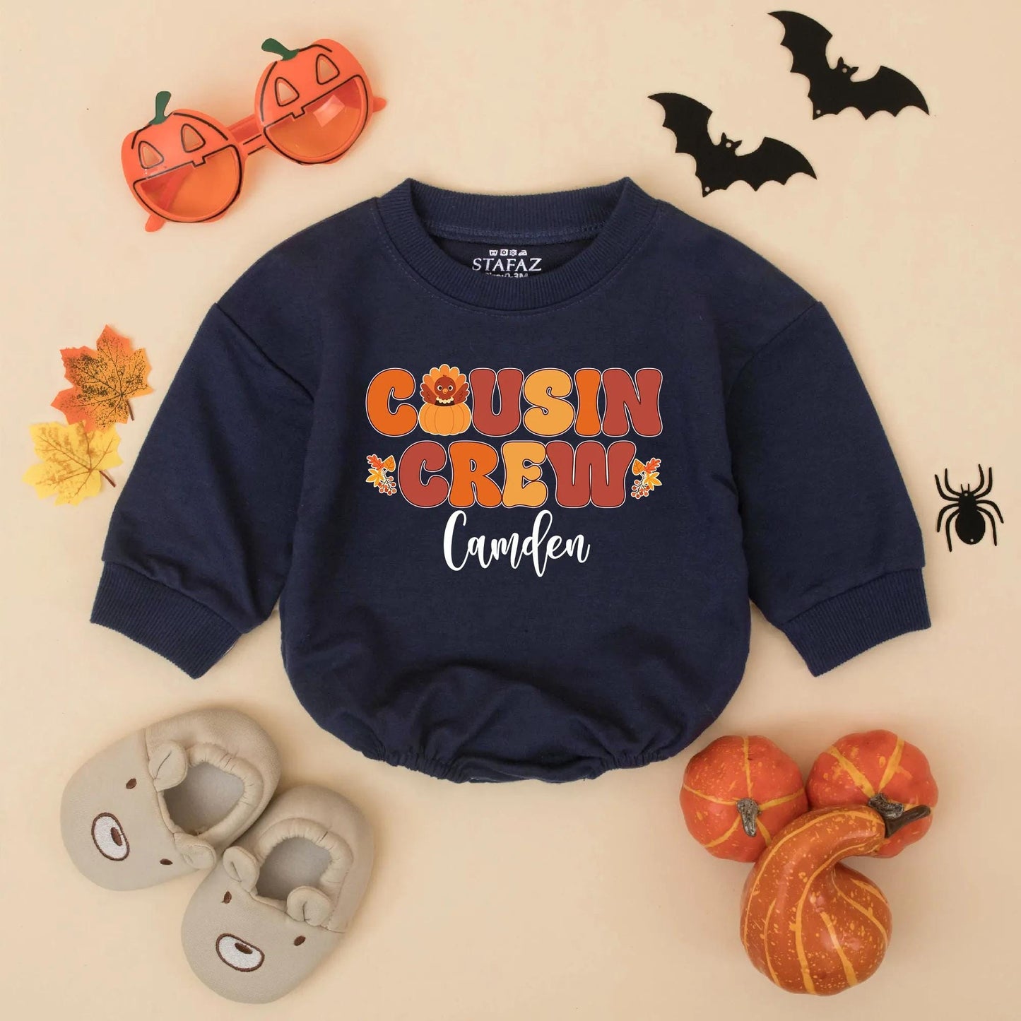 Personalized Matching Cousin Crew Thanksgiving Baby Romper Fall Toddler Outfit Retro Turkey Pumpkin Leaves Orange Brown Yellow First Holiday Gift