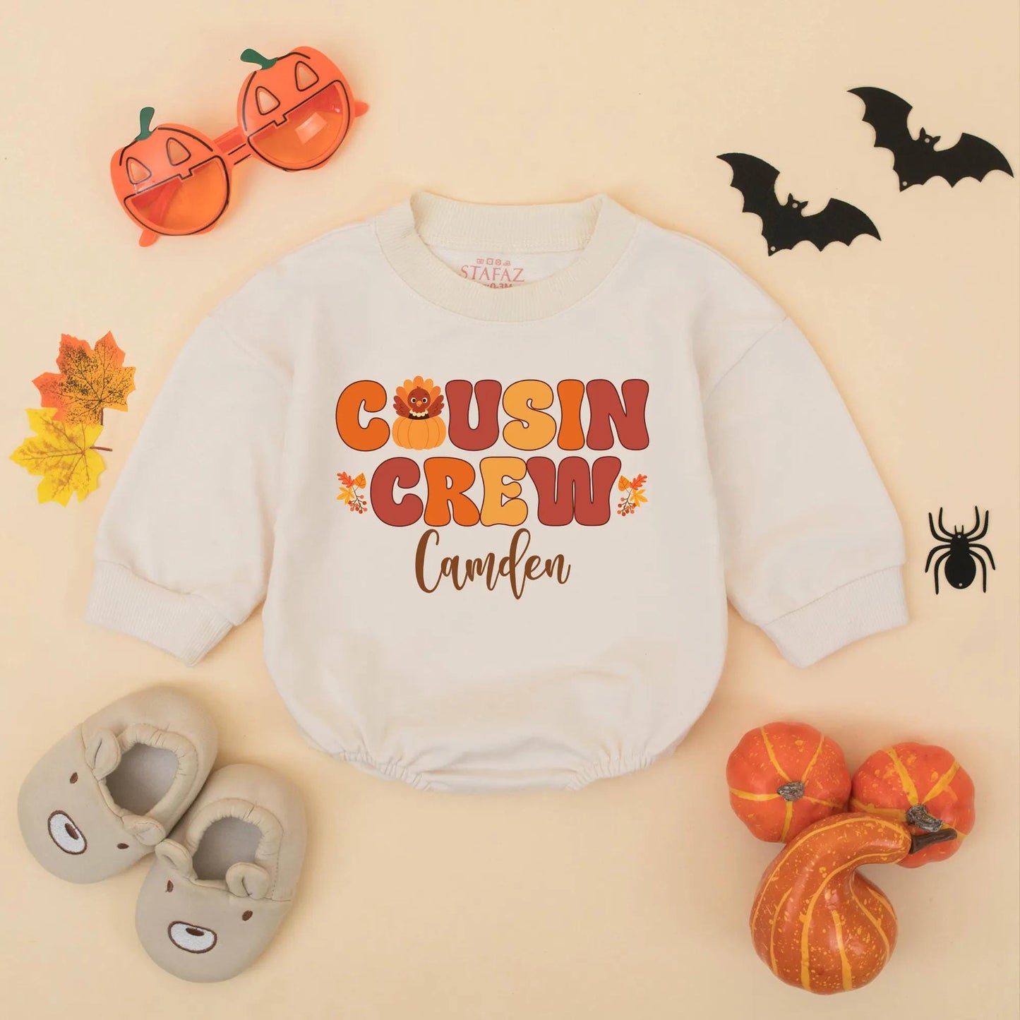 Personalized Matching Cousin Crew Thanksgiving Baby Romper Fall Toddler Outfit Retro Turkey Pumpkin Leaves Orange Brown Yellow First Holiday Gift