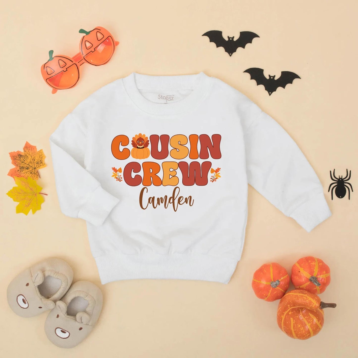 Personalized Matching Cousin Crew Thanksgiving Baby Romper Fall Toddler Outfit Retro Turkey Pumpkin Leaves Orange Brown Yellow First Holiday Gift