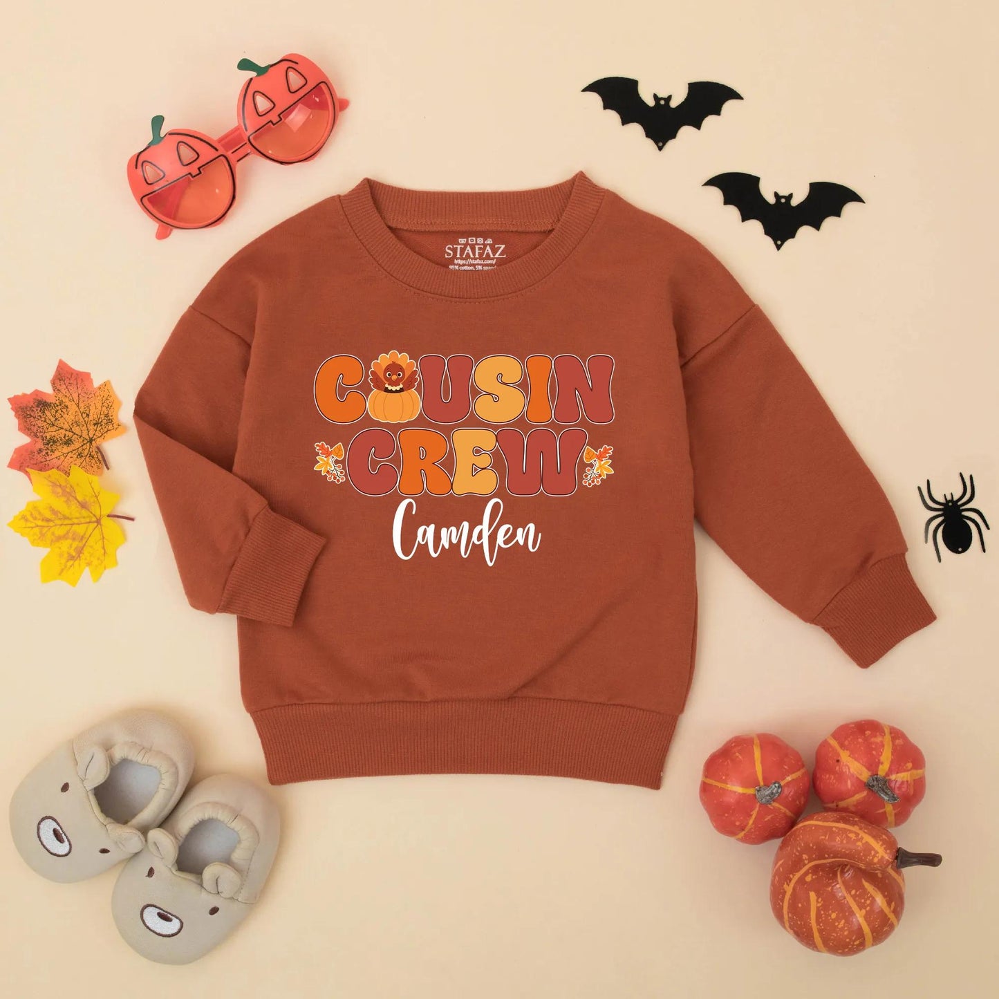 Personalized Matching Cousin Crew Thanksgiving Baby Romper Fall Toddler Outfit Retro Turkey Pumpkin Leaves Orange Brown Yellow First Holiday Gift