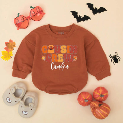 Personalized Matching Cousin Crew Thanksgiving Baby Romper Fall Toddler Outfit Retro Turkey Pumpkin Leaves Orange Brown Yellow First Holiday Gift