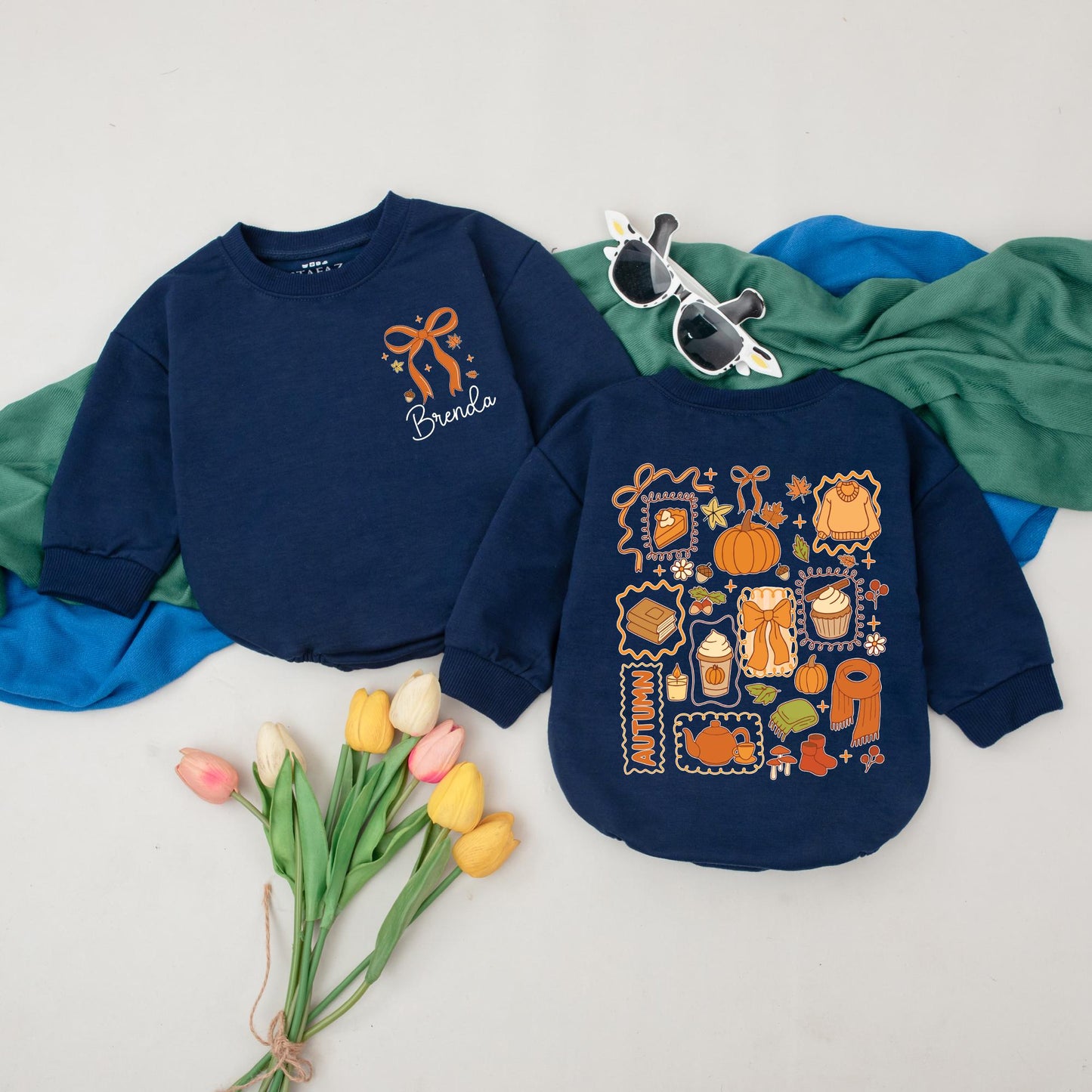 Personalized Brenda Ribbon Fall Romper Baby Girl Outfit Autumn Collage Bodysuit Custom Thanksgiving Gift Fall Baby Shower Gift