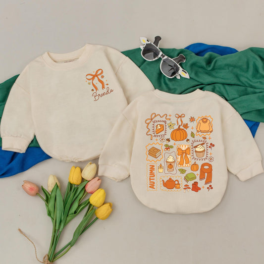 Personalized Brenda Ribbon Fall Romper Baby Girl Outfit Autumn Collage Bodysuit Custom Thanksgiving Gift Fall Baby Shower Gift