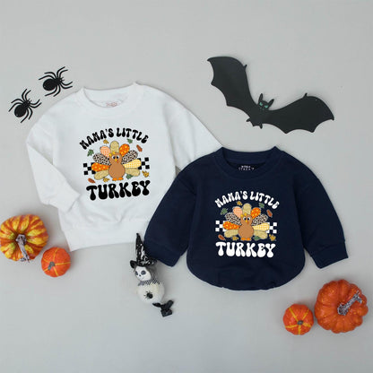 Mama and Little Turkey Matching Thanksgiving Sweatshirts Retro Gingham Leopard Polka Dot Feather Autumn Leaves Family Holiday Outfit