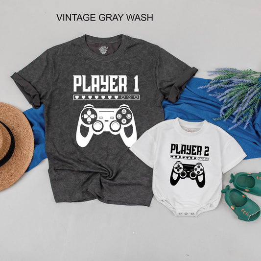 Player 1 Player 2 Matching Gamer Tees for Dad & Baby Video Game Controller Heart Design Father Son First Fathers Day Gift