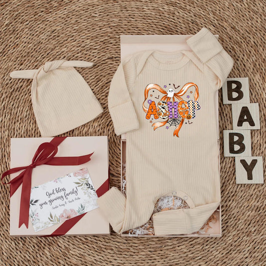 Ashton's Spooky Halloween Baby Bodysuit, Bow Ghost, Personalized Name Outfit, First Halloween Costume, Cute Spiderweb Design, Baby Shower Gift Clothes