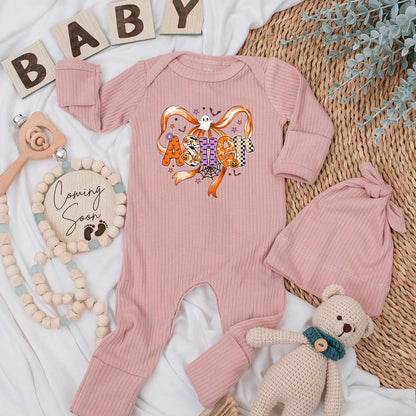 Ashton's Spooky Halloween Baby Bodysuit, Bow Ghost, Personalized Name Outfit, First Halloween Costume, Cute Spiderweb Design, Baby Shower Gift Clothes