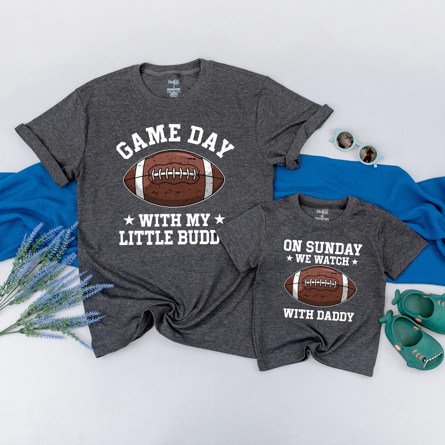 Daddy and Me Football Game Day Shirts Father Son Matching Sunday Tee with Little Buddy Graphic Brown and White Football Season Outfit Gift