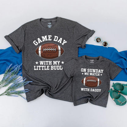Daddy and Me Football Game Day Shirts Father Son Matching Sunday Tee with Little Buddy Graphic Brown and White Football Season Outfit Gift