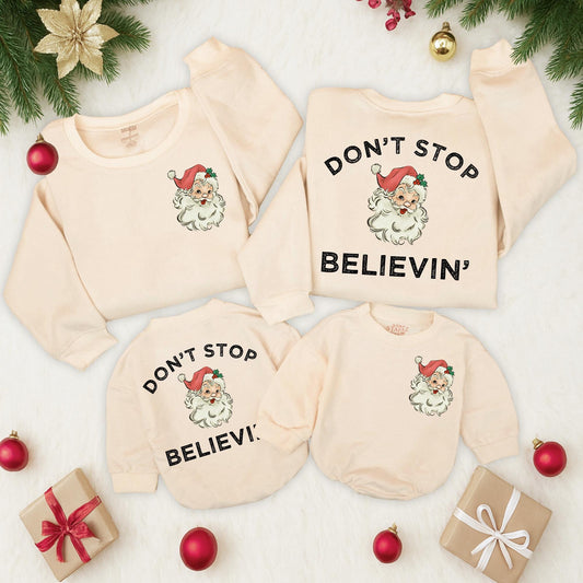 Retro Santa Claus Sweatshirt Don't Stop Believin' Vintage Christmas Gift Women's Cozy Holiday Apparel