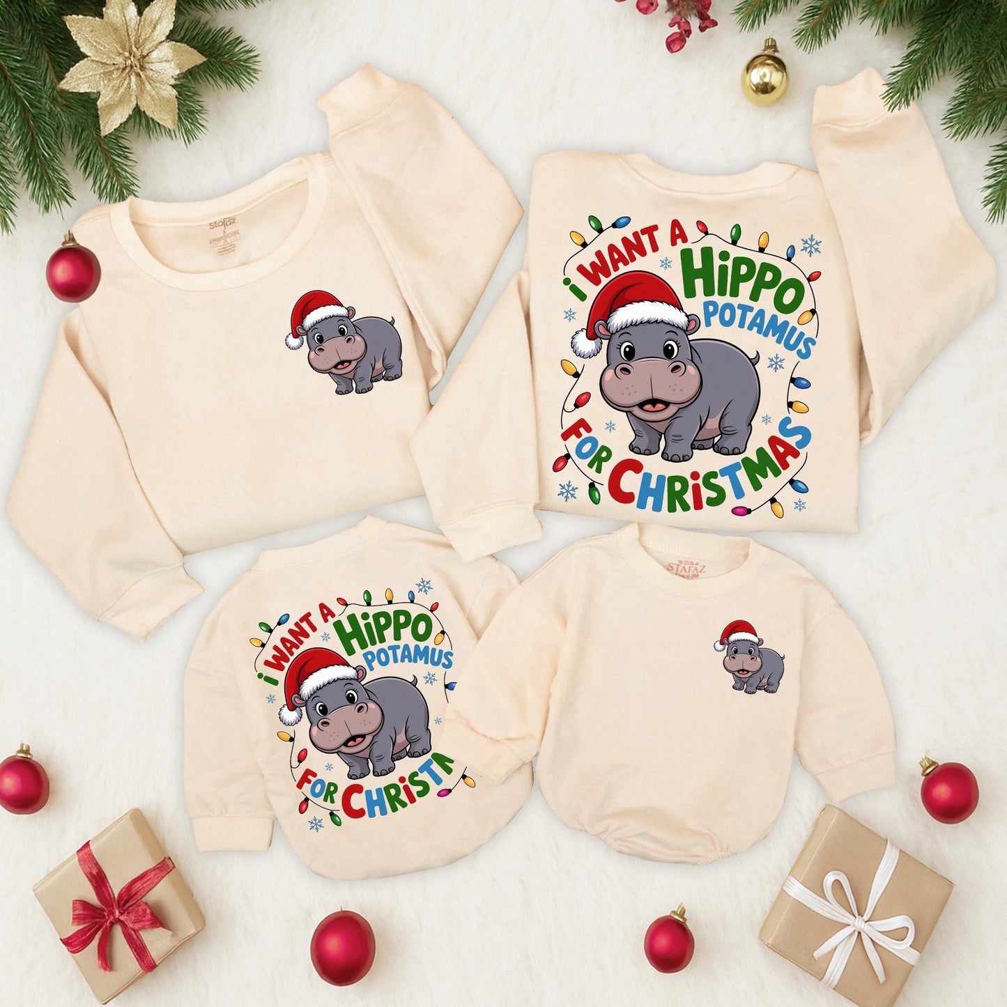 Retro Hippo Christmas Lights Sweatshirt: I Want A Hippopotamus For Christmas, Cute Holiday Sweater with Cartoon Santa Hippo, Xmas Gift Idea  (137 chars)