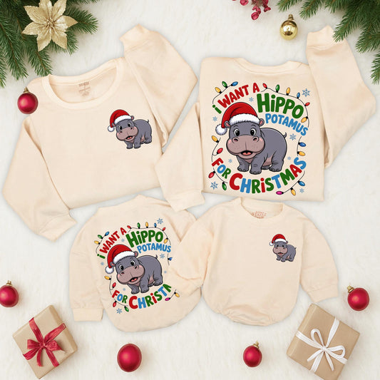 Retro Hippo Christmas Lights Sweatshirt: I Want A Hippopotamus For Christmas, Cute Holiday Sweater with Cartoon Santa Hippo, Xmas Gift Idea  (137 chars)