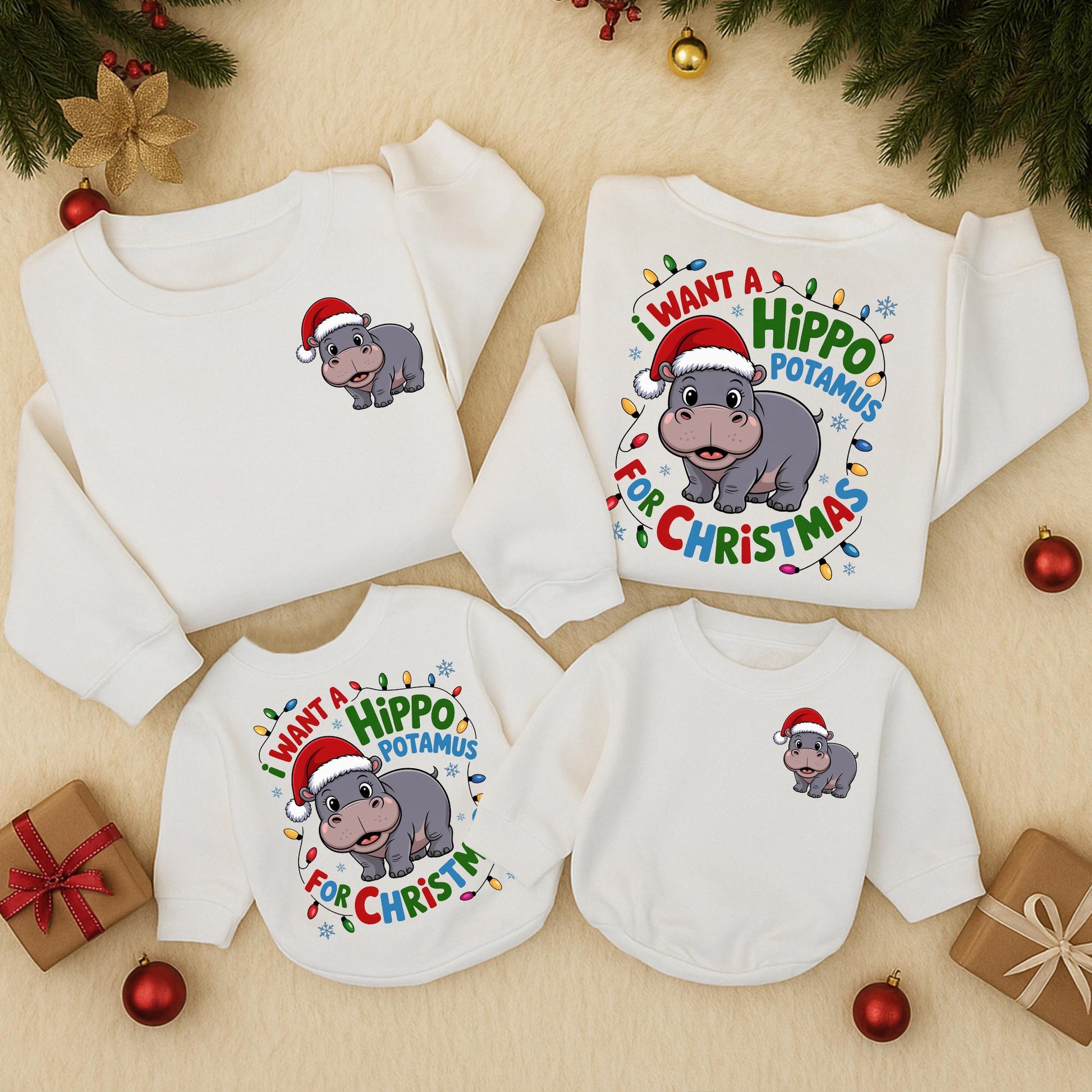 Retro Hippo Christmas Lights Sweatshirt: I Want A Hippopotamus For Christmas, Cute Holiday Sweater with Cartoon Santa Hippo, Xmas Gift Idea  (137 chars)