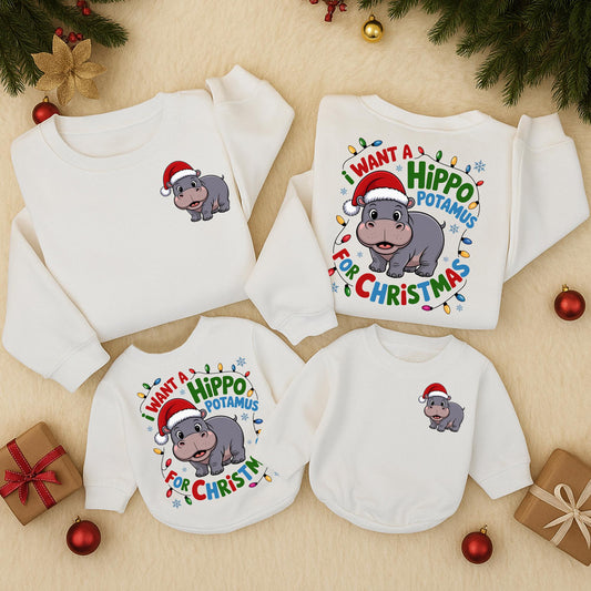 Retro Hippo Christmas Lights Sweatshirt: I Want A Hippopotamus For Christmas, Cute Holiday Sweater with Cartoon Santa Hippo, Xmas Gift Idea  (137 chars)