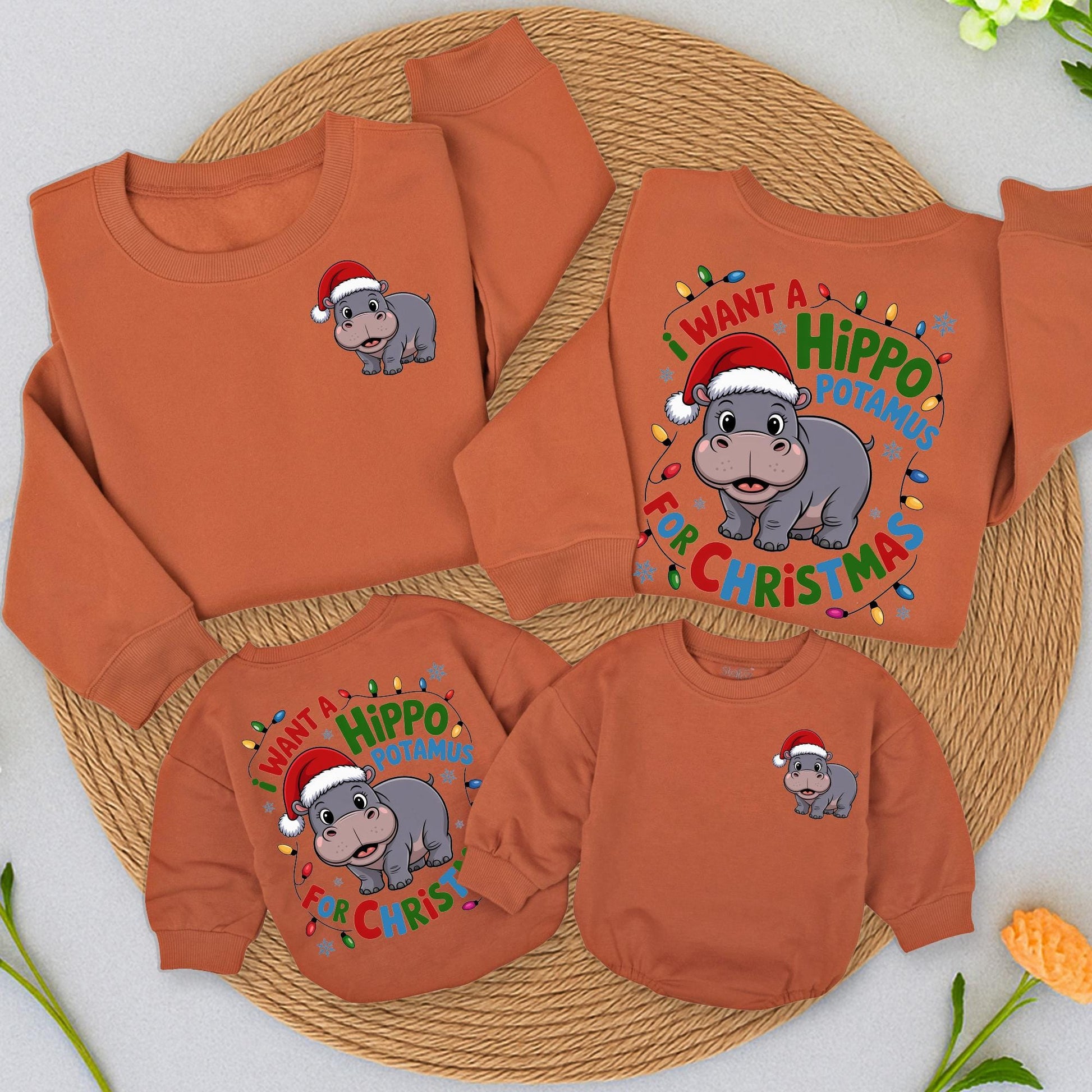 Retro Hippo Christmas Lights Sweatshirt: I Want A Hippopotamus For Christmas, Cute Holiday Sweater with Cartoon Santa Hippo, Xmas Gift Idea  (137 chars)