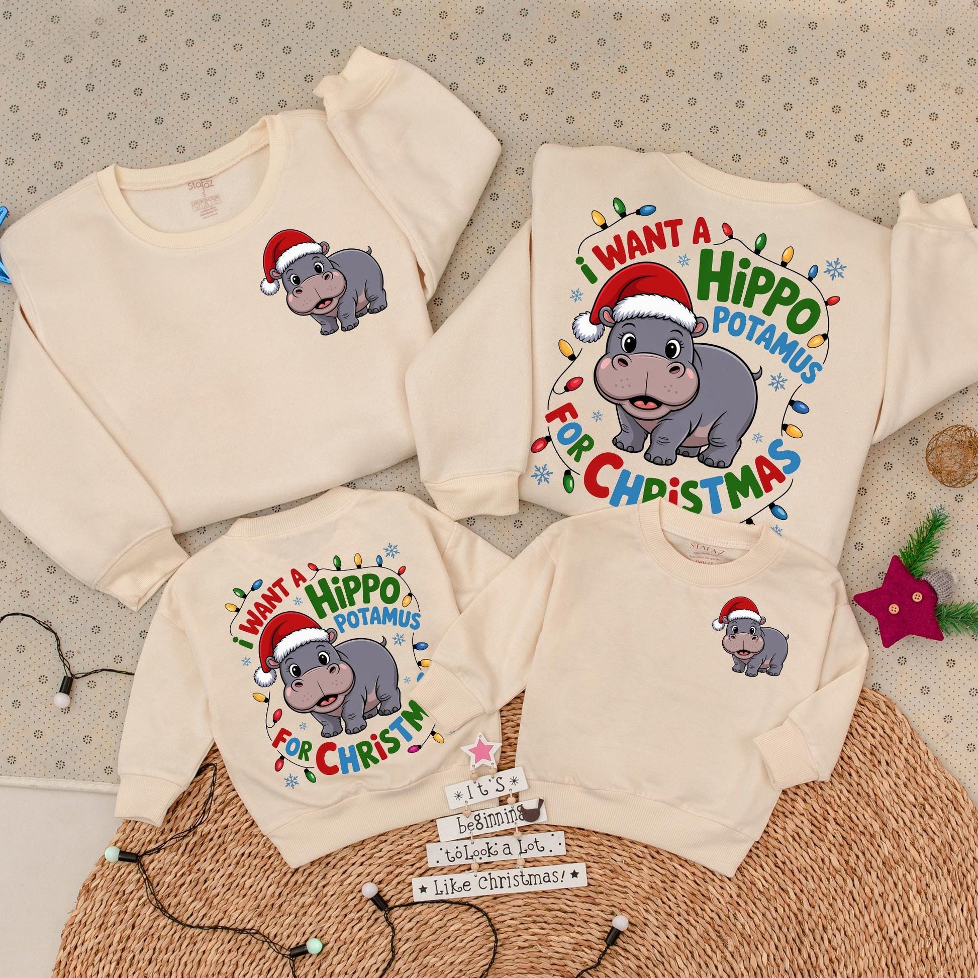 Retro Hippo Christmas Lights Sweatshirt: I Want A Hippopotamus For Christmas, Cute Holiday Sweater with Cartoon Santa Hippo, Xmas Gift Idea  (137 chars)