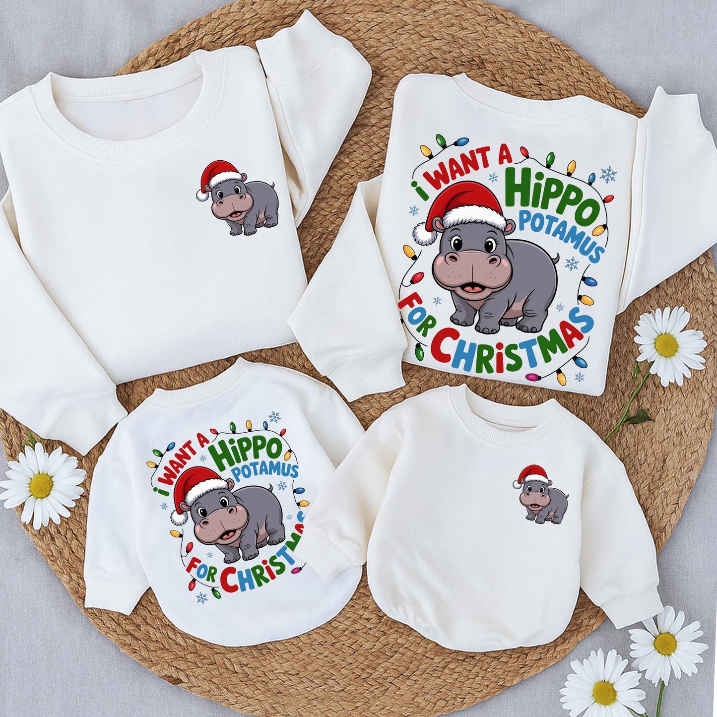 Retro Hippo Christmas Lights Sweatshirt: I Want A Hippopotamus For Christmas, Cute Holiday Sweater with Cartoon Santa Hippo, Xmas Gift Idea  (137 chars)