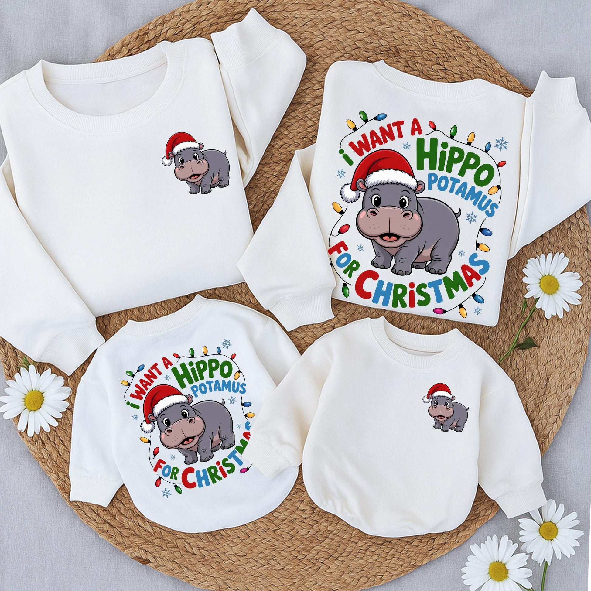 Retro Hippo Christmas Lights Sweatshirt: I Want A Hippopotamus For Christmas, Cute Holiday Sweater with Cartoon Santa Hippo, Xmas Gift Idea  (137 chars)