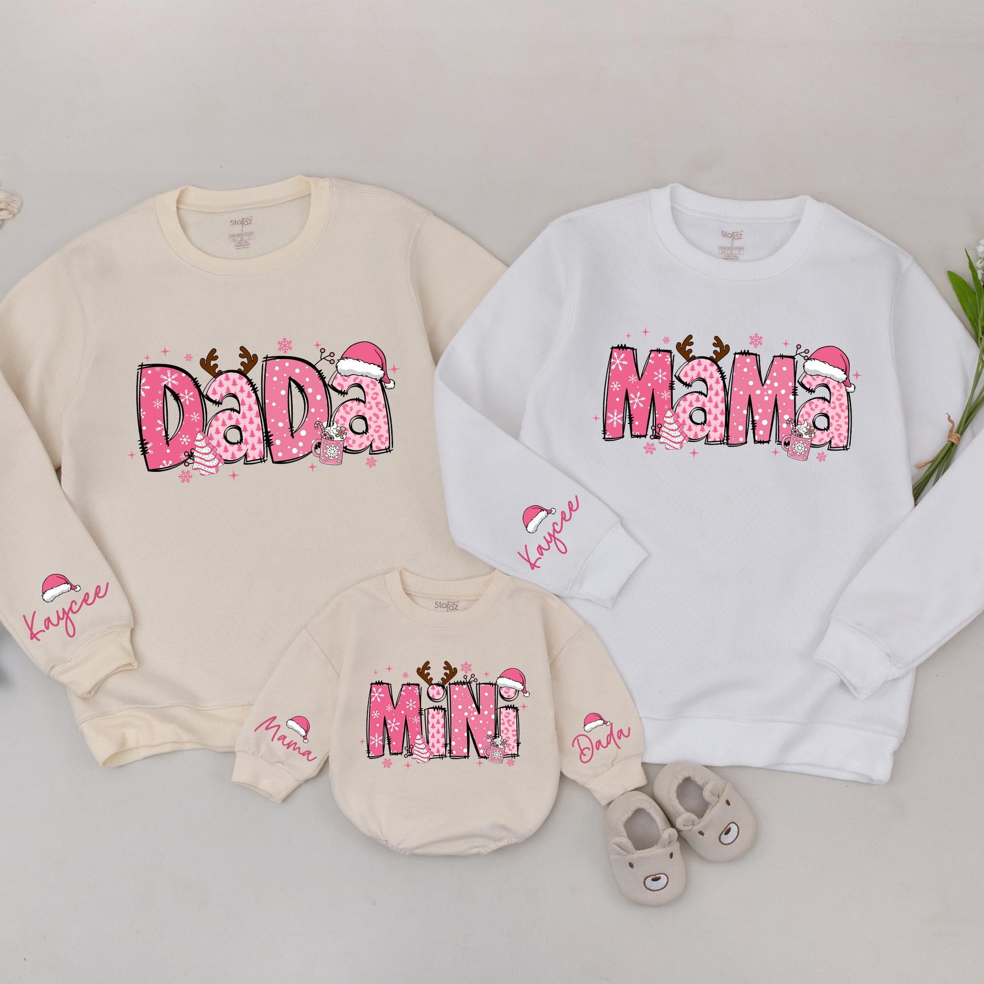 Matching Mama Mini Christmas Sweaters, Retro Pink Snowflake Design, Custom Family Outfit, Mommy and Me Shirts, Baby Romper Gift
